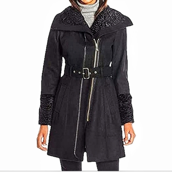 GUESS MELTON WOOL BLEND ASYMMETRICAL ZIP PEACOAT - Picture 1 of 9